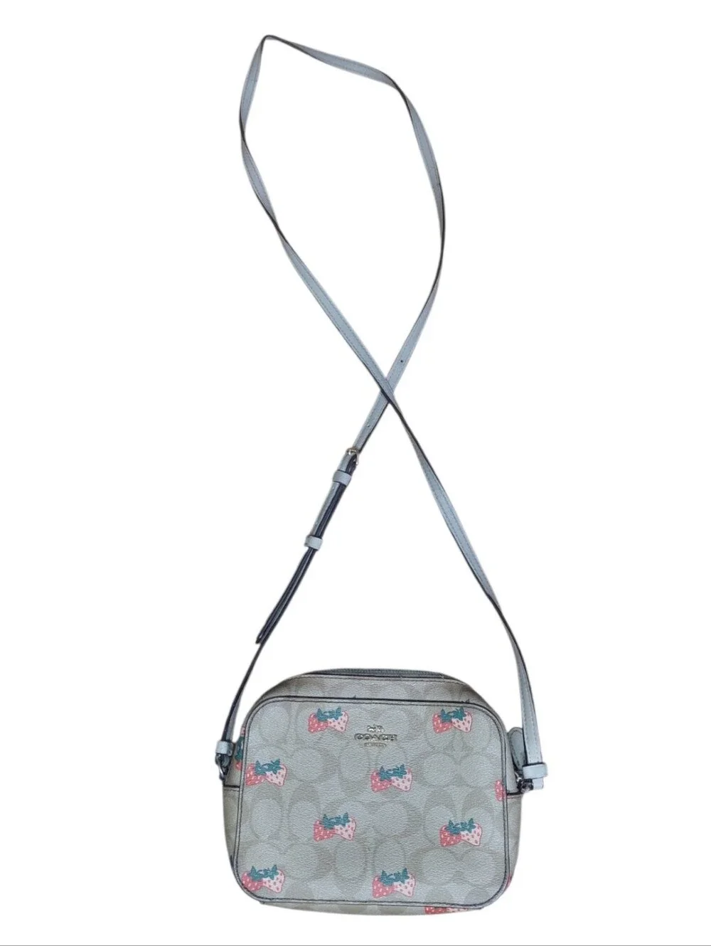 Coach Jaimie Mini Camera Bag Tan Crossbody Bag with Wild Strawberry Design